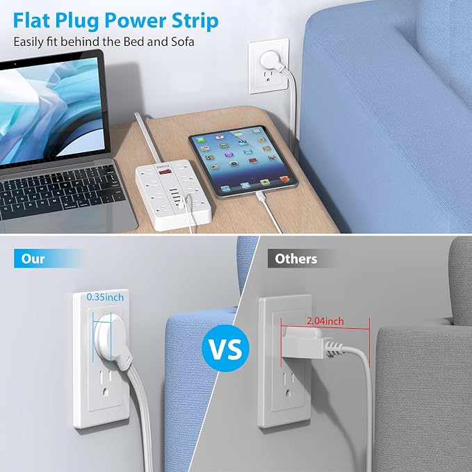 Flat Plug Extension Cord 15 Ft, SMNICE Surge Protector Power Strip - Image 2