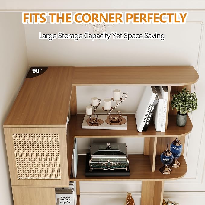Corner Shelf with Storage Cabinet, 7-Tier Corner Bookshelf, Farmhouse L Shaped - Image 7
