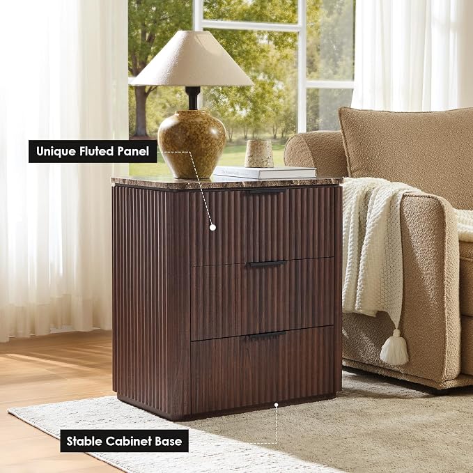 Fluted Nightstand with 3 Drawers, Engineered Wood Bedside Table with Faux - Image 3
