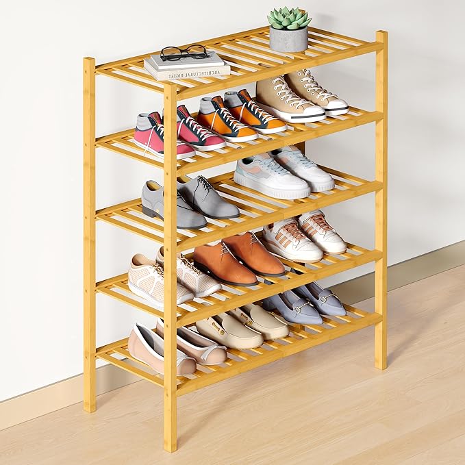 Smiry Bamboo Shoe Rack for Closet, 5 Tier Wooden Stackable Shoe Organizer by Smiry