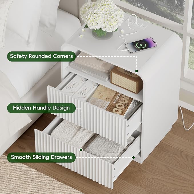 White Nightstand with Charging Station, Mid Century Modern Bedside Table & End - Image 6