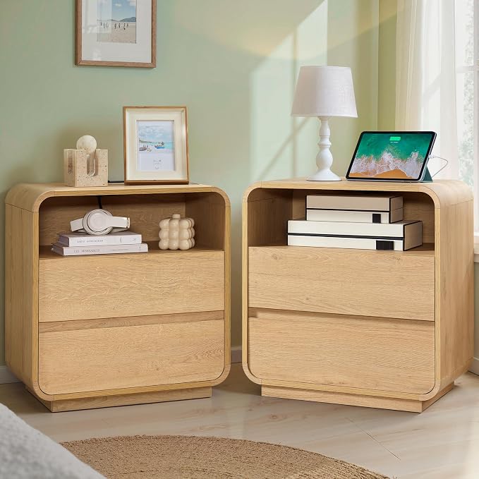 Curved Night Stand Set of 2, 23.2" Large Wood Farmhouse Nightstand by StandifurnoFurniture