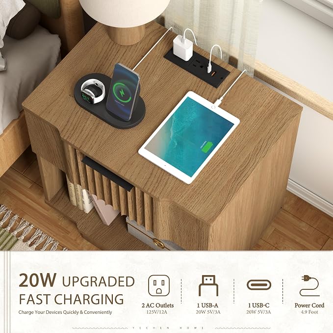 Yechen Fluted Nightstand with 20W Fast Charging Station - Image 3