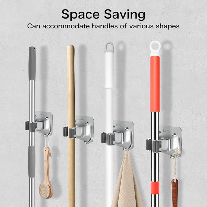 nacena Broom Holder Wall Mount, 4 Packs Silver Stainless Steel Mop and Broom - Image 7