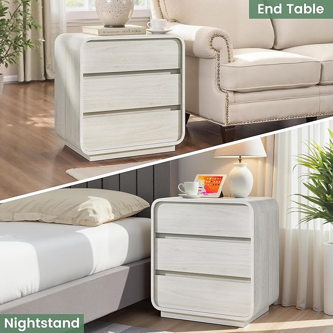 White Nightstand with Charging Station, Modern Curved End Table with 3 Storage - Image 4