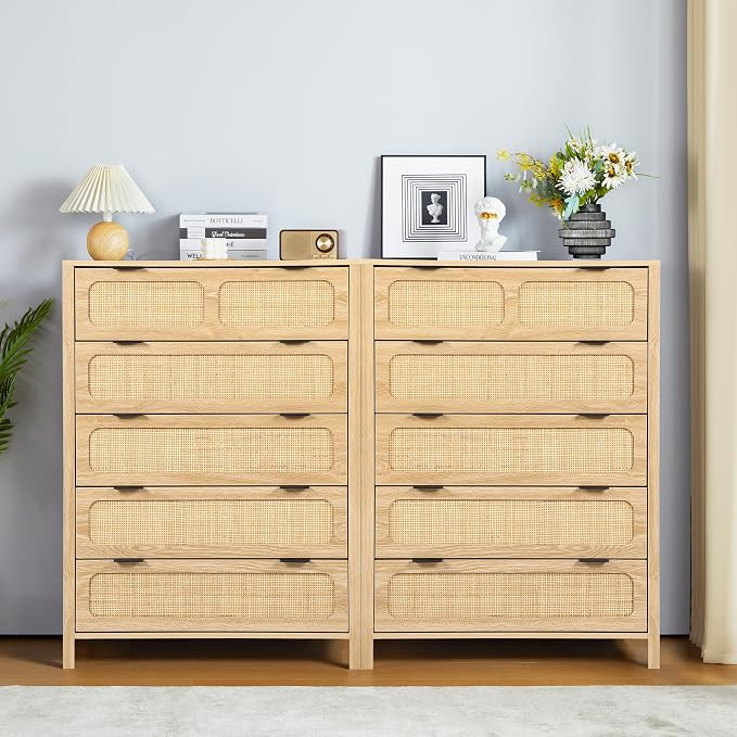 LEVNARY 5 Drawer Chest Dresser, Rattan Tall Dresser 5 Chest of Drawers Dressers - Image 7