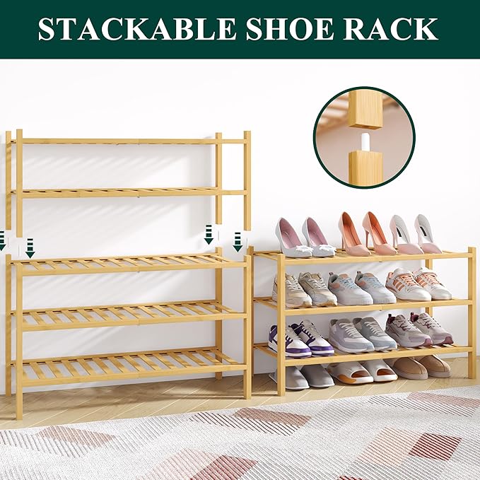 Smiry Bamboo Shoe Rack for Closet, 4 Tier Wooden Stackable Shoe Organizer - Image 7