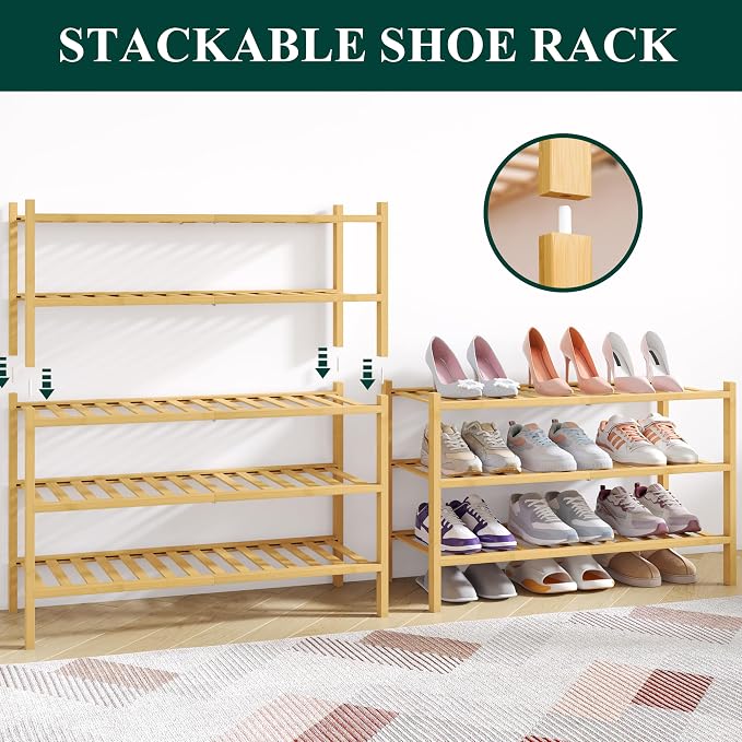 Smiry Bamboo Shoe Rack for Closet, 4 Tier Wooden Stackable Shoe Organizer - Image 4