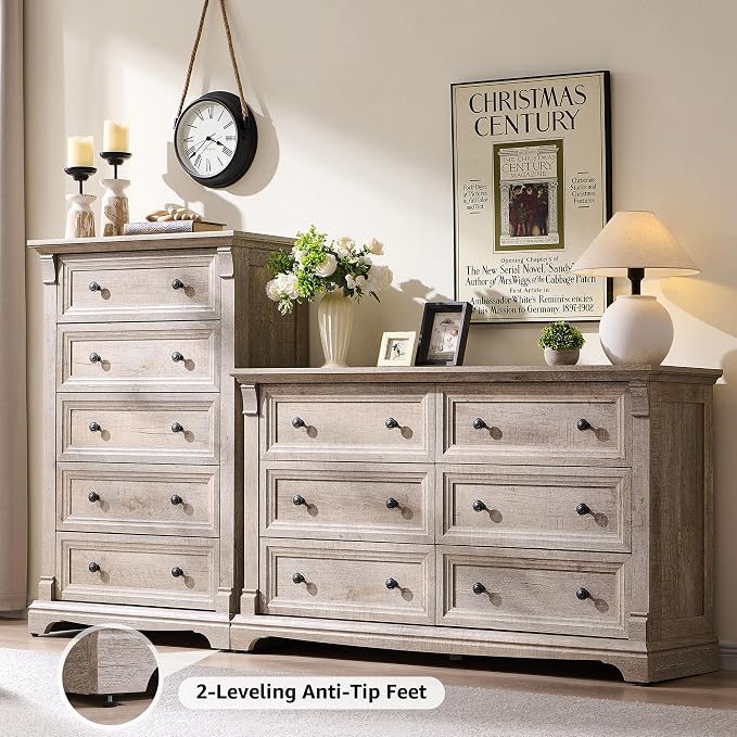 Farmhouse 6 Drawers Dresser for Bedroom, Wooden Dresser TV Stand - Image 3