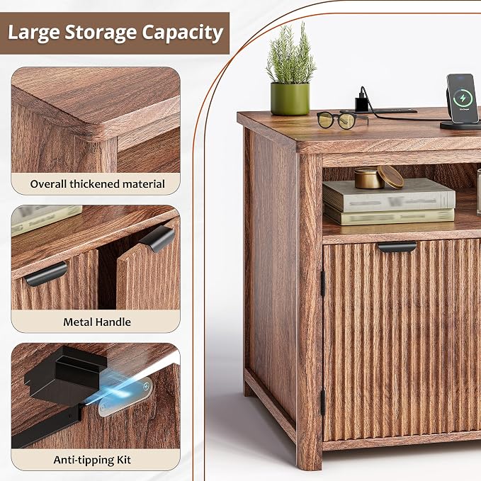 Fluted Nightstand with Charging Stations, 23.6" Wide Walnut Nightstand with - Image 6