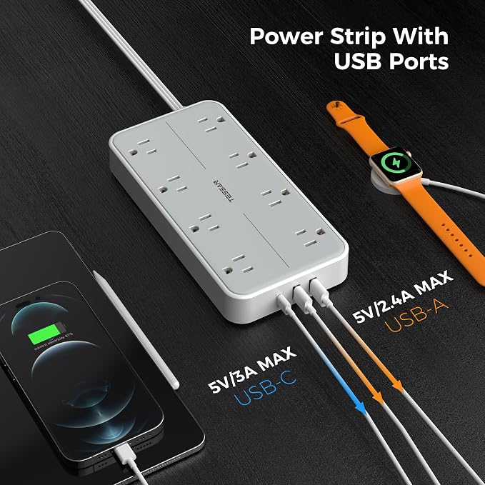 Power Strip Surge Protector 10 FT, TESSAN Flat Plug Extension Cord - Image 4