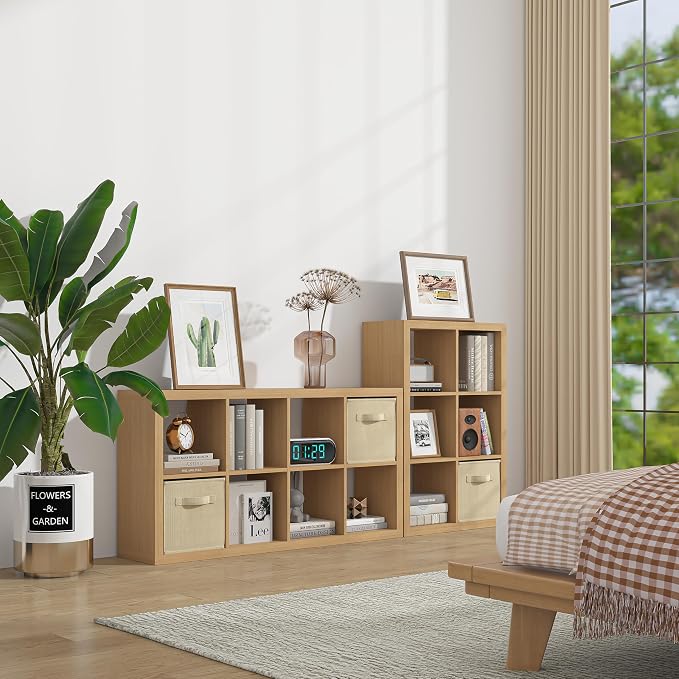 Bookshelf with Storage Bins, 9-Cube Storage Organizer Sturdy Wooden Bookcase - Image 5