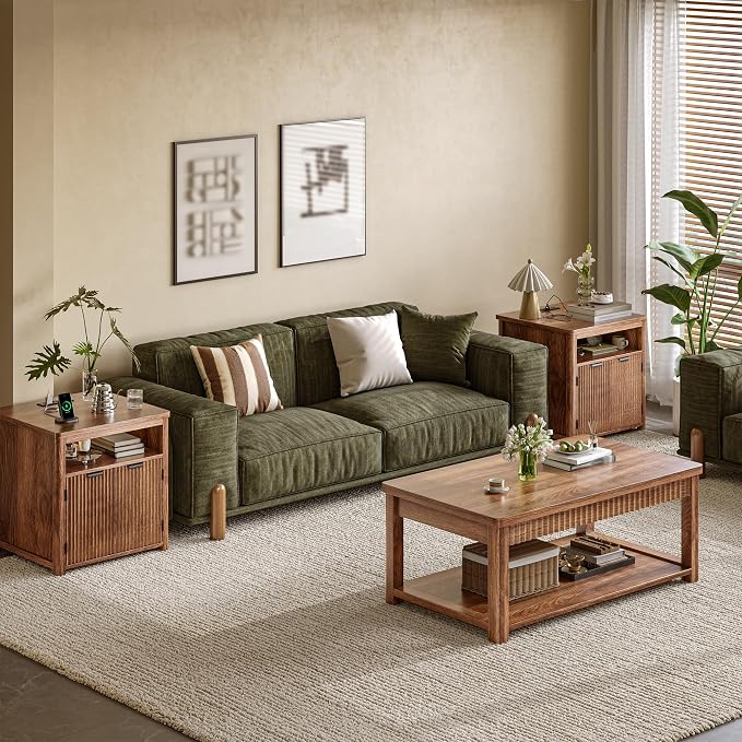 Fluted Nightstand with Charging Stations, 23.6" Wide Walnut Nightstand with - Image 3