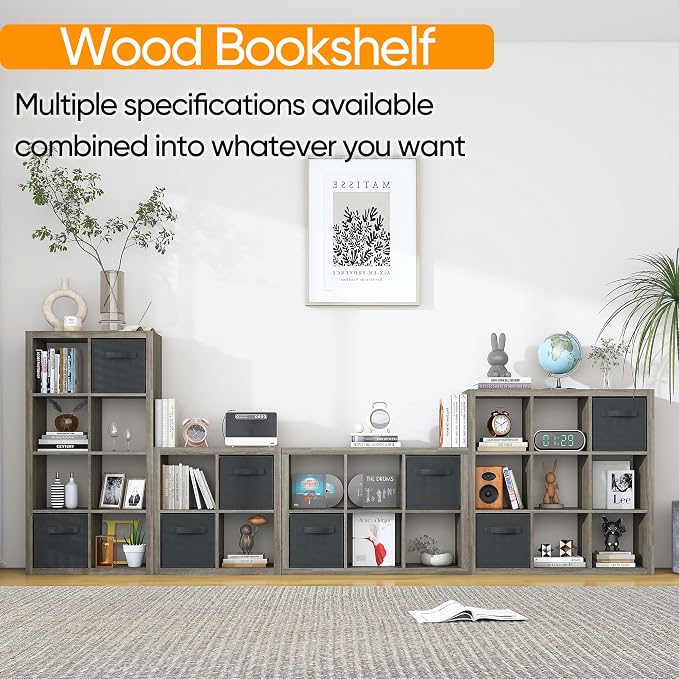 Bookshelf with Storage Bins, 8-Cube Storage Organizer, Modern Wood Open Bookcase - Image 4