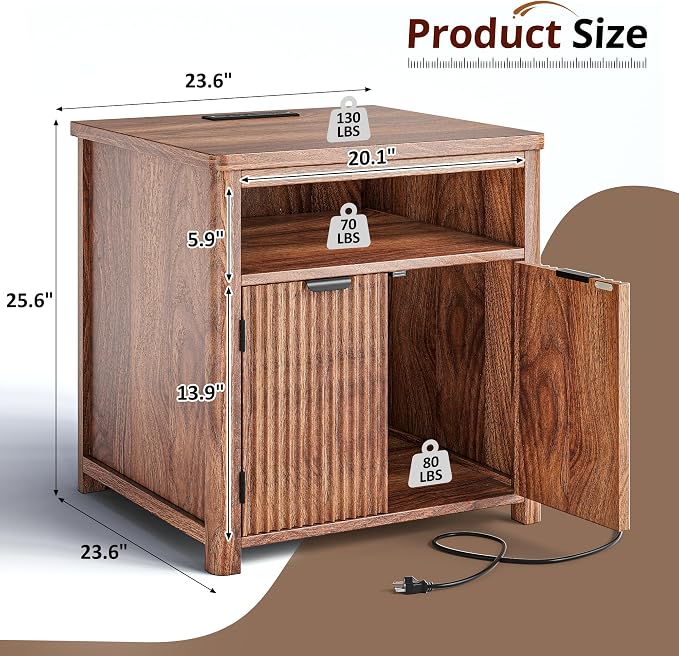 Fluted Nightstand with Charging Stations, 23.6" Wide Walnut Nightstand with - Image 2