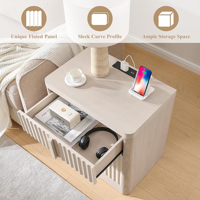 23.6" Nightstand Set of 2 with Charging Station, Side Table with 3 Large - Image 3