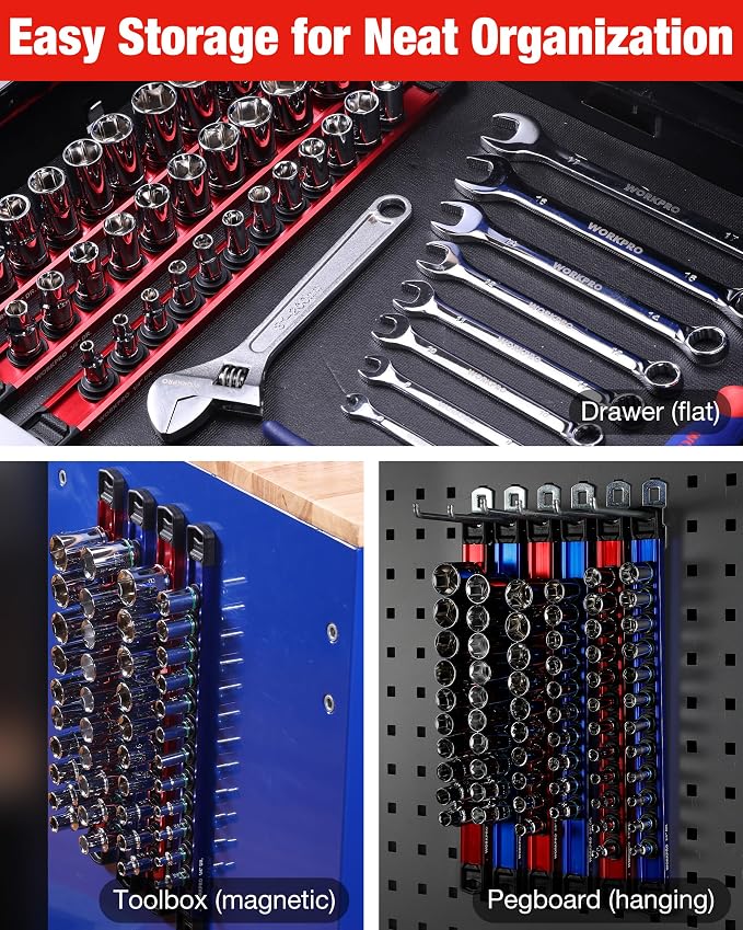 WORKPRO Magnetic Socket Organizer Set, 1/2" 3/8" 1/4" Drive Aluminum Alloy - Image 8