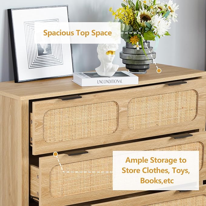 LEVNARY 5 Drawer Chest Dresser, Rattan Tall Dresser 5 Chest of Drawers Dressers - Image 5