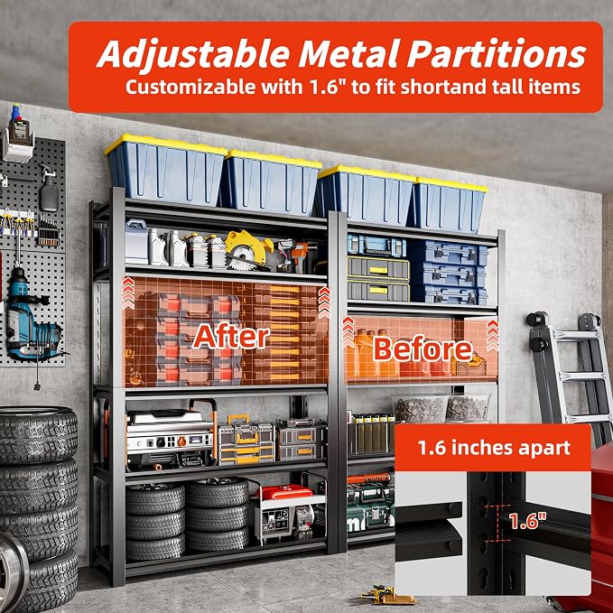 59" W Garage Shelving, 5-Tier Heavy Duty Shelving Unit, 3000LBS Adjustable - Image 4