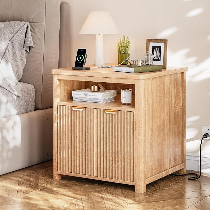 Fluted Nightstand with Charging Stations, 23.6" Wide Natural Oak Nightstand by ElevateYourHome%EF%BC%8CEnhanceEver